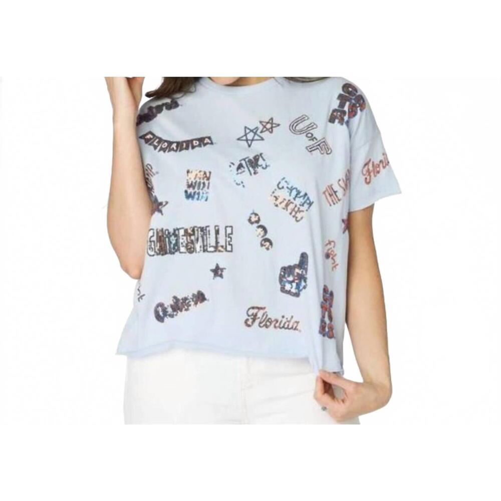 NEW STEWART SIMMONS women's the florida sequin spirit tee in light blue